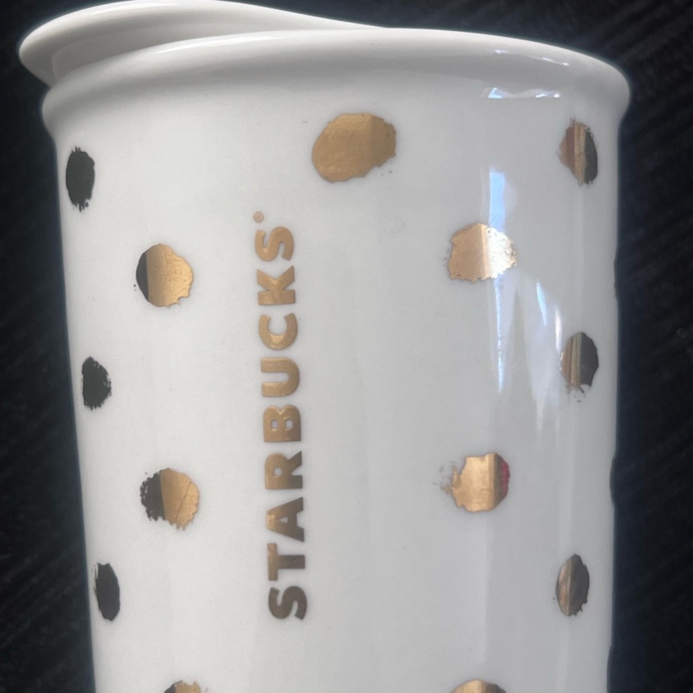 Starbucks White Ceramic Tumbler with Gold Polka Dots